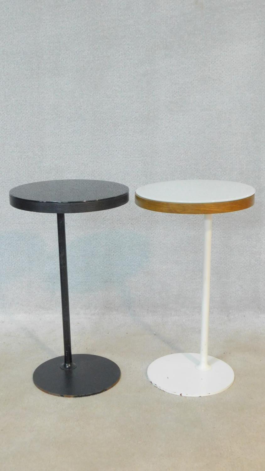 Two contemporary metal framed occasional tables with swivel action tops revealing secret