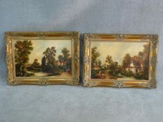 A pair of 19th century style oils on canvas, figures in rural country village scenes, in gilt Rococo