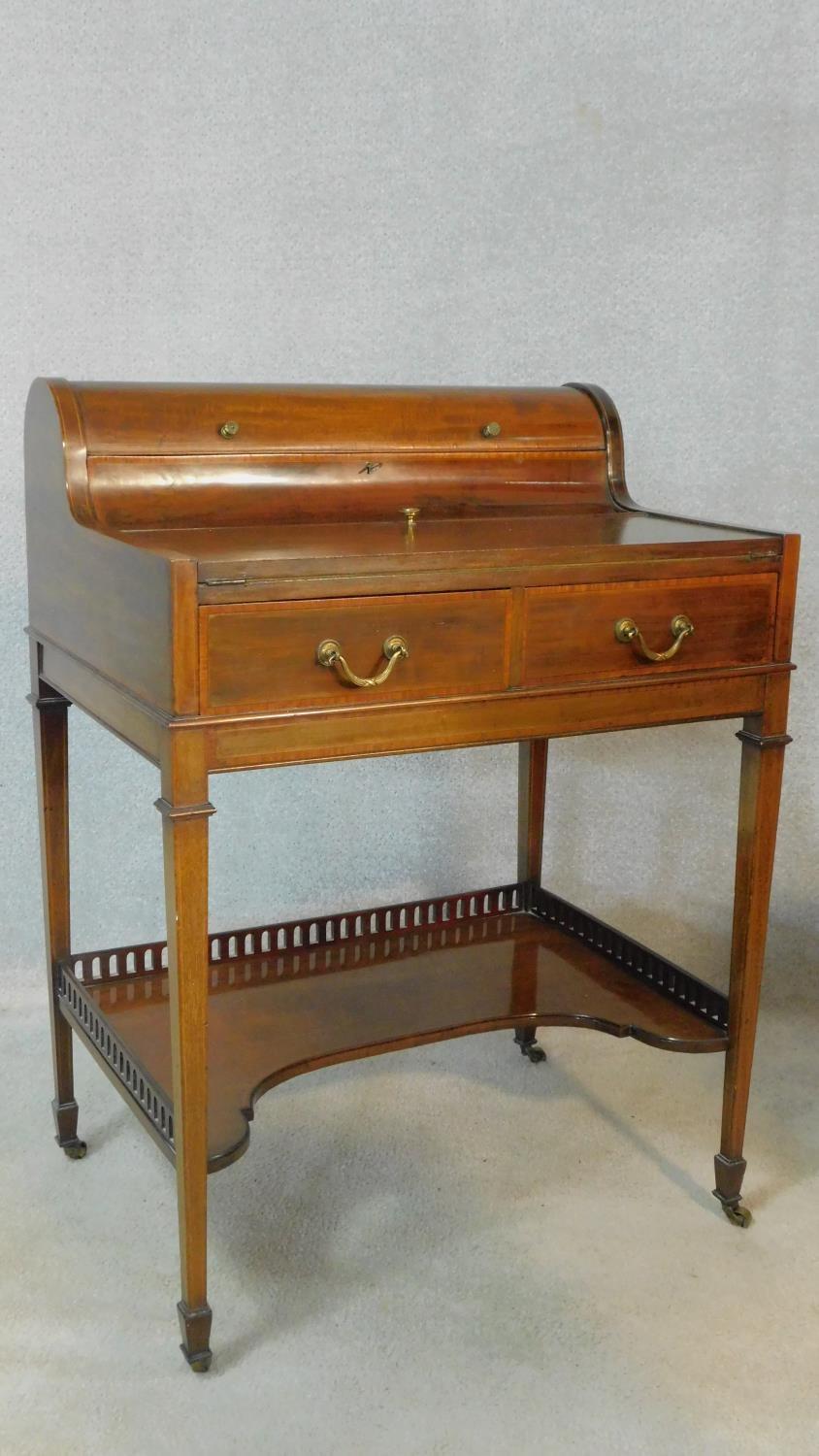 An Edwardian Sheraton style mahogany and satinwood inlaid bonheur du jour writing table with well - Image 2 of 6