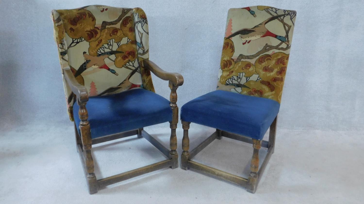 A set of twelve Jacobean style oak dining chairs in Arts and Crafts flying duck motif upholstery - Image 2 of 9