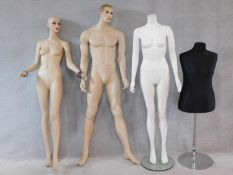 A miscellaneous collection of four various adult standing mannequins. H.180cm