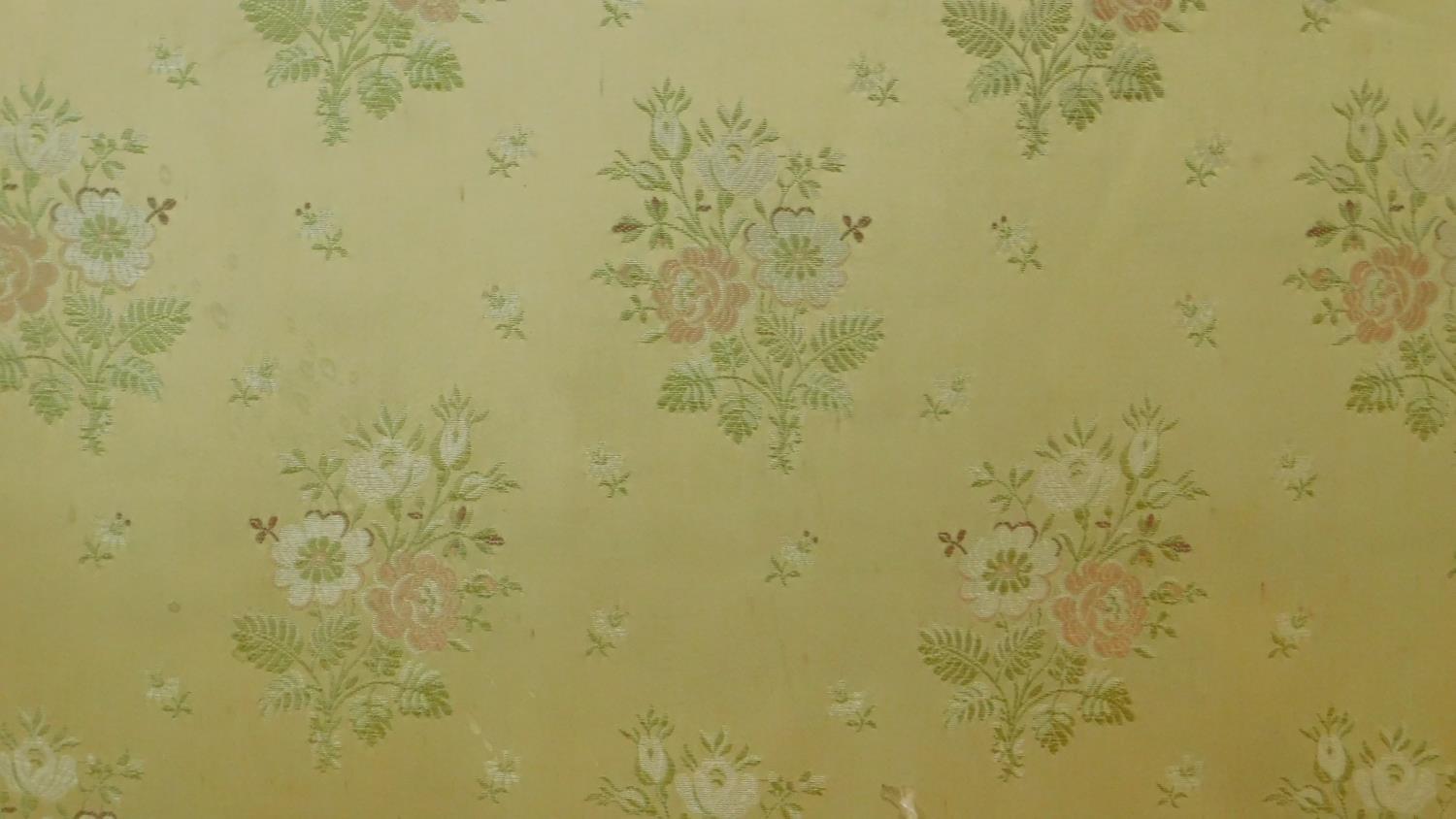 A mid century gilt and white painted bed head in floral damask resting on carved cabriole - Image 4 of 6