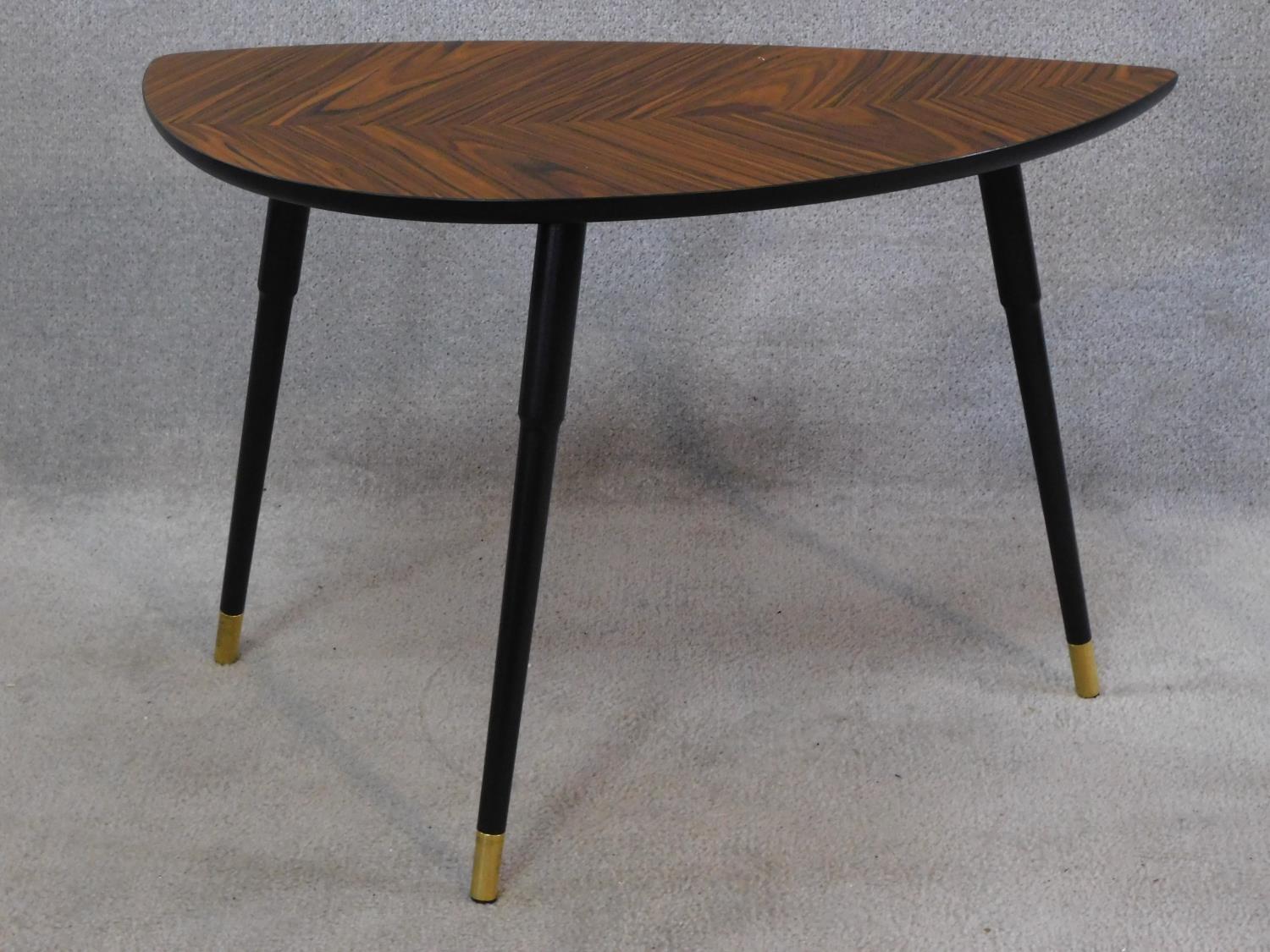 Three vintage style occasional tables with shaped faux zebra wood veneered tops on triple dansette - Image 3 of 4