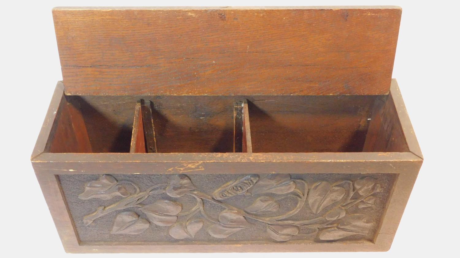 A late 19th century oak stationery casket with Arts and Crafts style floral carved panels. H.22 W.50 - Image 2 of 8
