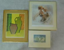 A framed and glazed etching, pitcher and vase, signed and two other framed and glazed prints.