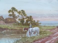 A framed and glazed watercolour, horses drinking in a village pond, by Horace Hammond (British,