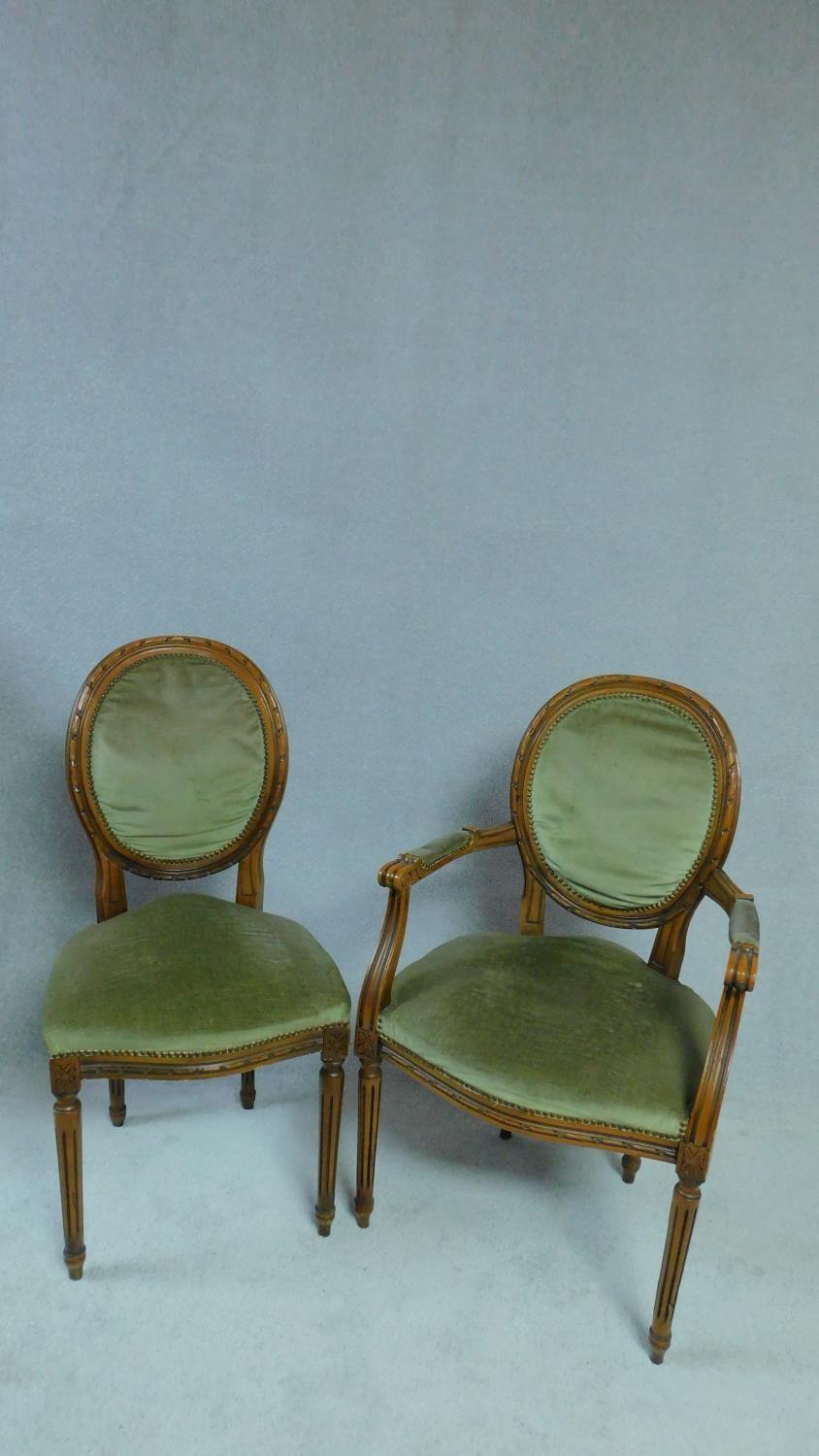 A set of ten Louis XVI style beech framed dining chairs in sage green velour upholstery, including - Image 2 of 4