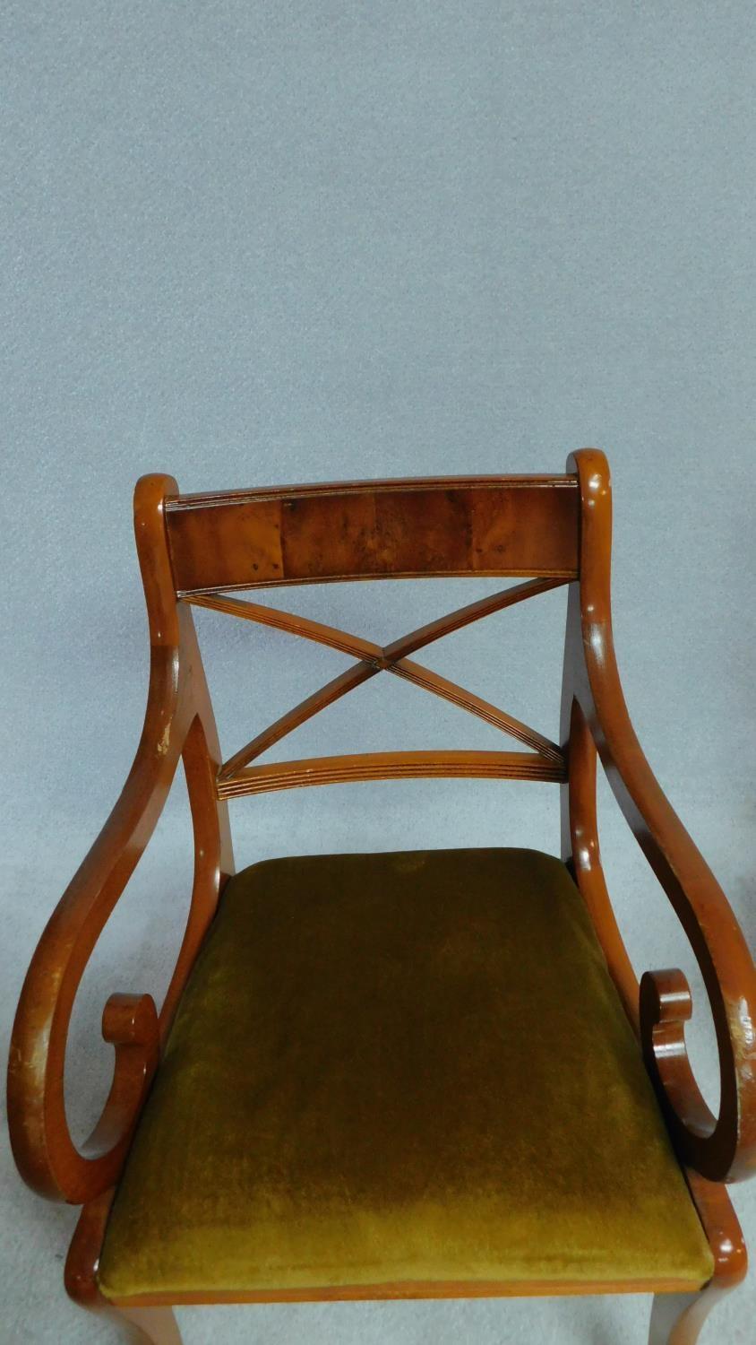 A set of six Regency style yew wood dining chairs with bar backs and drop in seats on sabre - Image 3 of 4