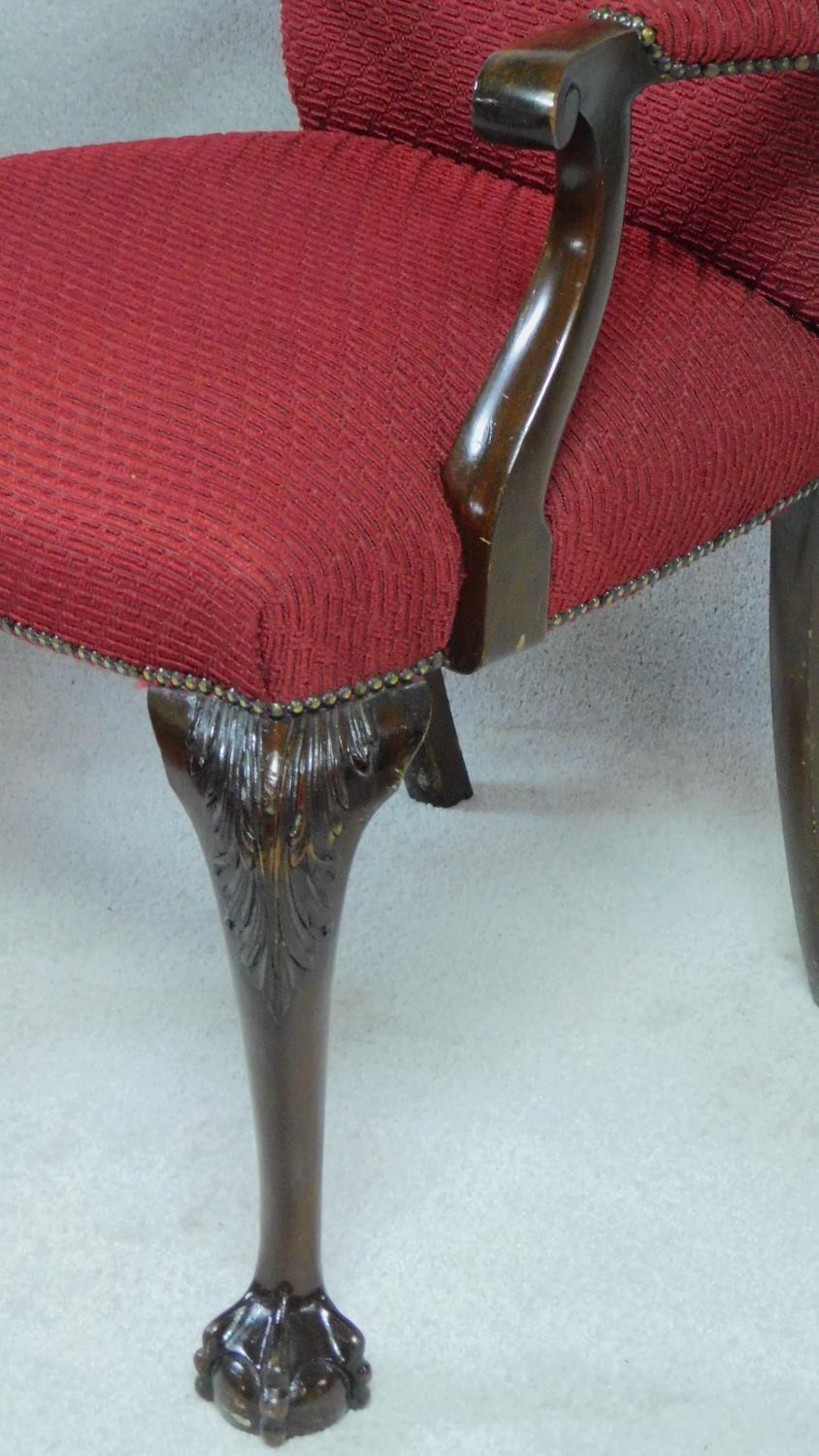 A set of six Georgian style mahogany open armchairs in burgundy cut moquette on carved cabriole - Image 5 of 6