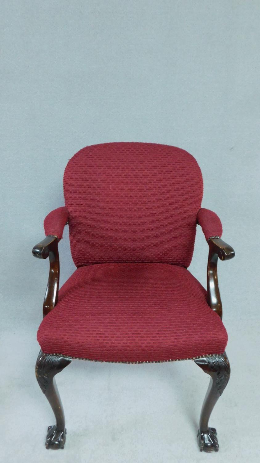 A set of six Georgian style mahogany open armchairs in burgundy cut moquette on carved cabriole - Image 2 of 6