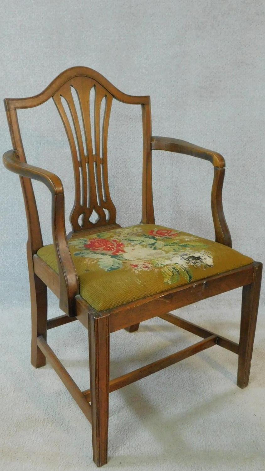 A Georgian mahogany framed armchair with pierced shaped splat above tapestry upholstered drop in - Image 2 of 7