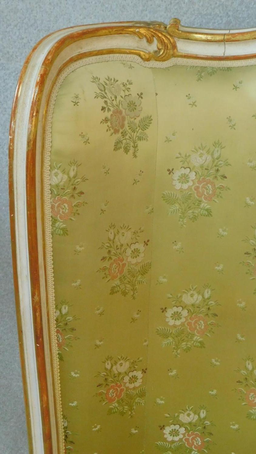 A mid century gilt and white painted bed head in floral damask resting on carved cabriole - Image 3 of 6