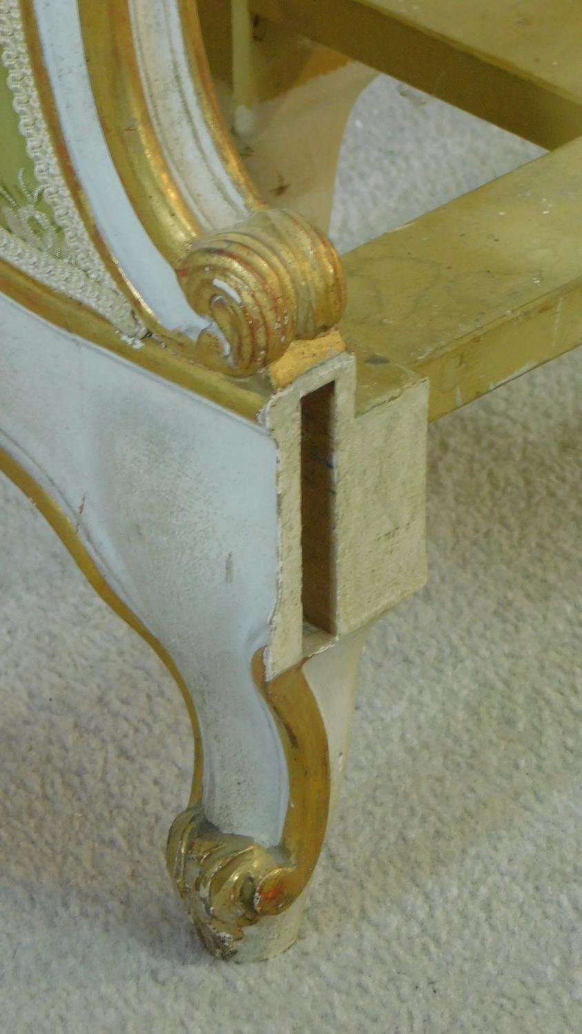 A mid century gilt and white painted bed head in floral damask resting on carved cabriole - Image 5 of 6