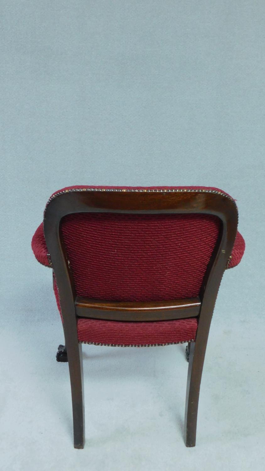 A set of six Georgian style mahogany open armchairs in burgundy cut moquette on carved cabriole - Image 6 of 6