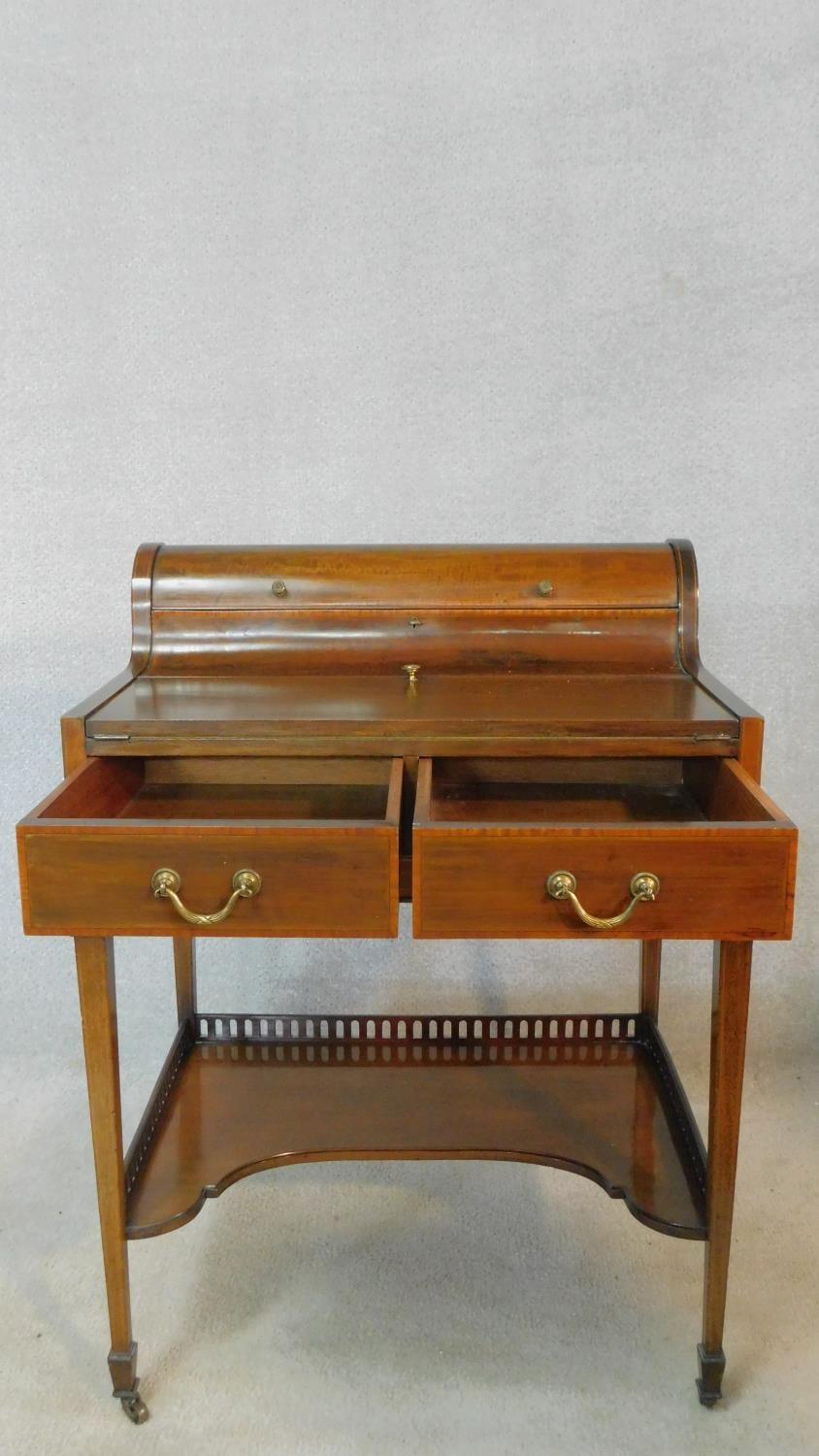 An Edwardian Sheraton style mahogany and satinwood inlaid bonheur du jour writing table with well - Image 3 of 6