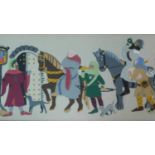 A framed and glazed embroidery, medieval procession, unsigned. 49x95cm