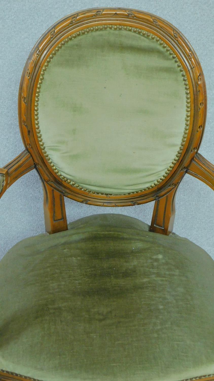 A set of ten Louis XVI style beech framed dining chairs in sage green velour upholstery, including - Image 4 of 4