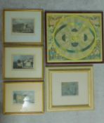 Five framed and glazed prints vintage and antique prints. Including an antique hand coloured