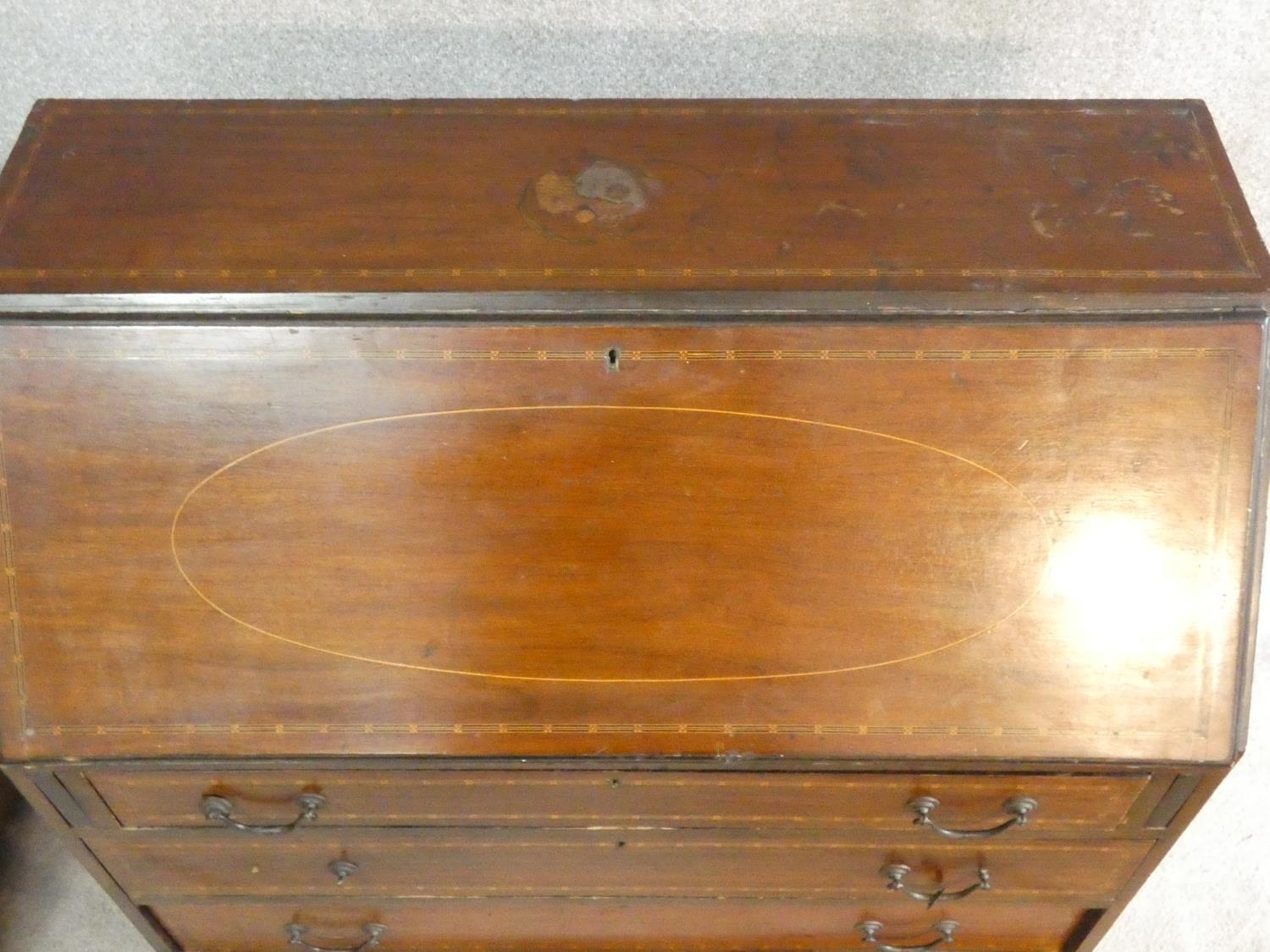 A Edwardian mahogany and satinwood inlaid bureau with fitted interior on cabriole supports. H.99 W. - Image 7 of 7