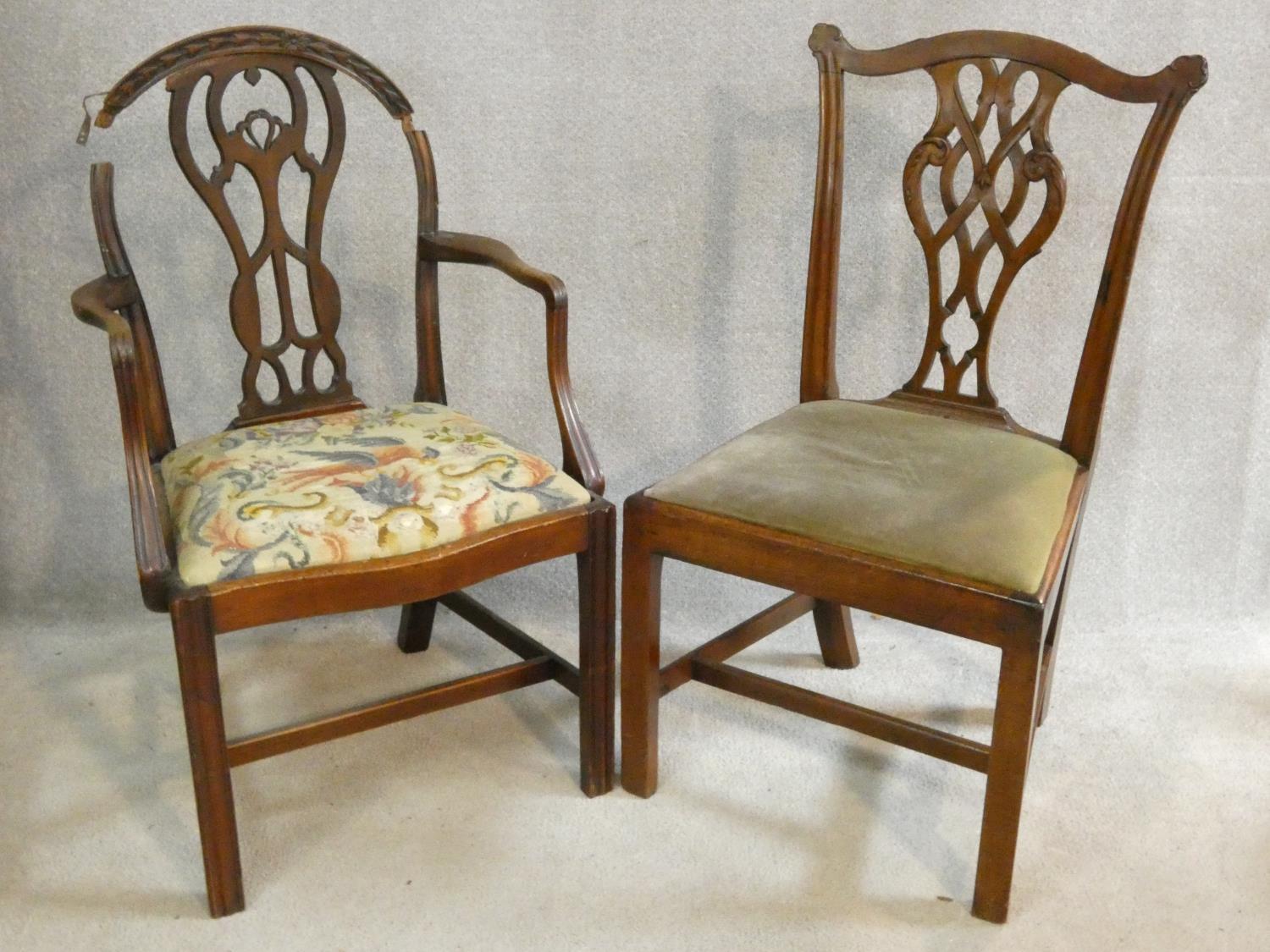 A Georgian mahogany Hepplewhite style open armchair with bird and flower tapestry drop in seat (