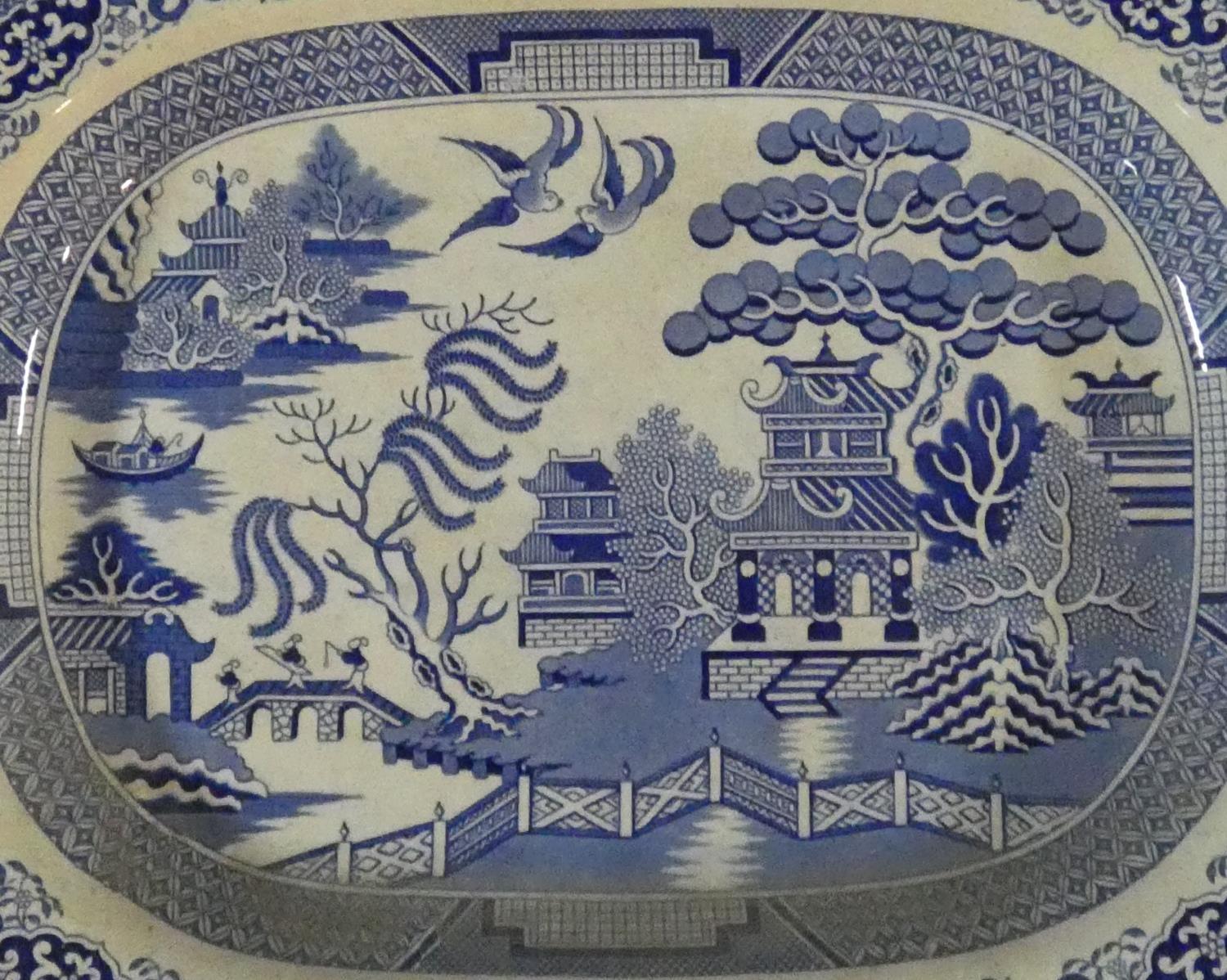 A large antique Staffordshire stoneware blue and white willow pattern transferware design meat - Image 2 of 6