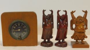 Three vintage carved Japanese hardwood happy Buddha's with raised arms, one with bone teeth along