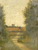 A 19th century gilt framed oil on board, rural scene with a country path and distant trees and