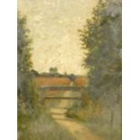 A 19th century gilt framed oil on board, rural scene with a country path and distant trees and