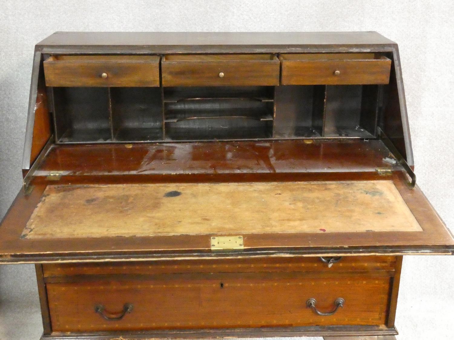 A Edwardian mahogany and satinwood inlaid bureau with fitted interior on cabriole supports. H.99 W. - Image 5 of 7