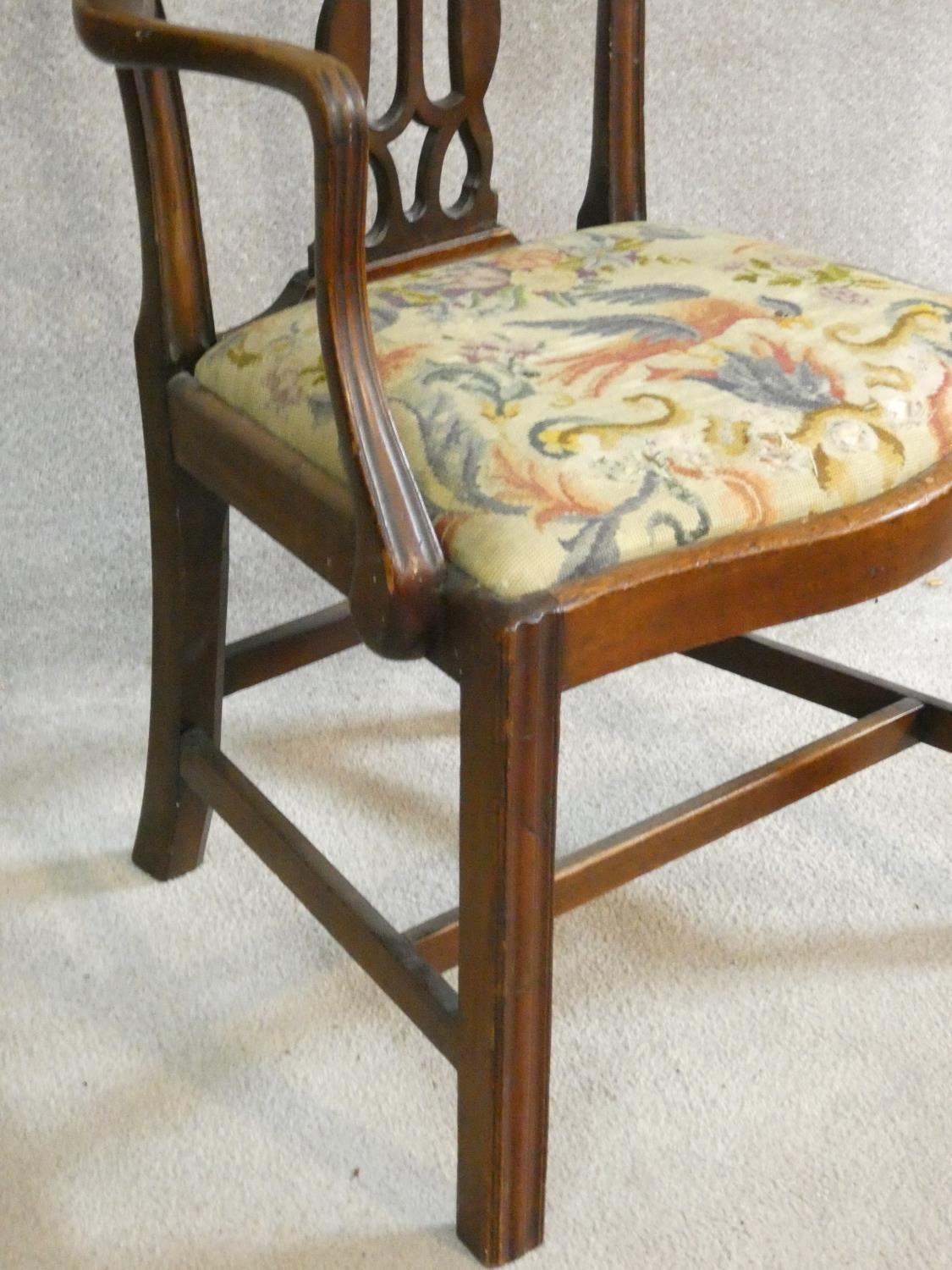 A Georgian mahogany Hepplewhite style open armchair with bird and flower tapestry drop in seat ( - Image 11 of 12