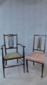 An Edwardian mahogany and satinwood strung open armchair and a similar dining chair. H.95cm
