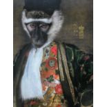 An ibride lacquered tray, Cornelius the monkey in nobleman's robes with Chinese motifs to the border