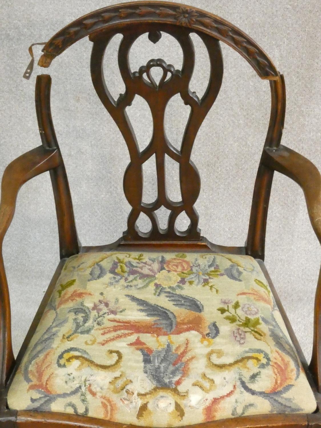 A Georgian mahogany Hepplewhite style open armchair with bird and flower tapestry drop in seat ( - Image 9 of 12
