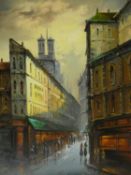 A large vintage gilt framed oil on canvas, Continental city street scene with figures,