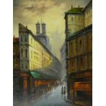 A large vintage gilt framed oil on canvas, Continental city street scene with figures,