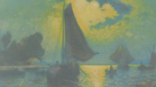 A framed and glazed coloured mezzotint by French artist Heran Chaban (1887 - 1939) of sailing