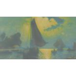 A framed and glazed coloured mezzotint by French artist Heran Chaban (1887 - 1939) of sailing