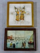 A framed painting on ceramic tiles, dancing Thai figures and a similar painting, skating figures
