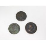 Three antique bronze coins. Including a George II halfpenny, 1751, a half penny token, 1794,