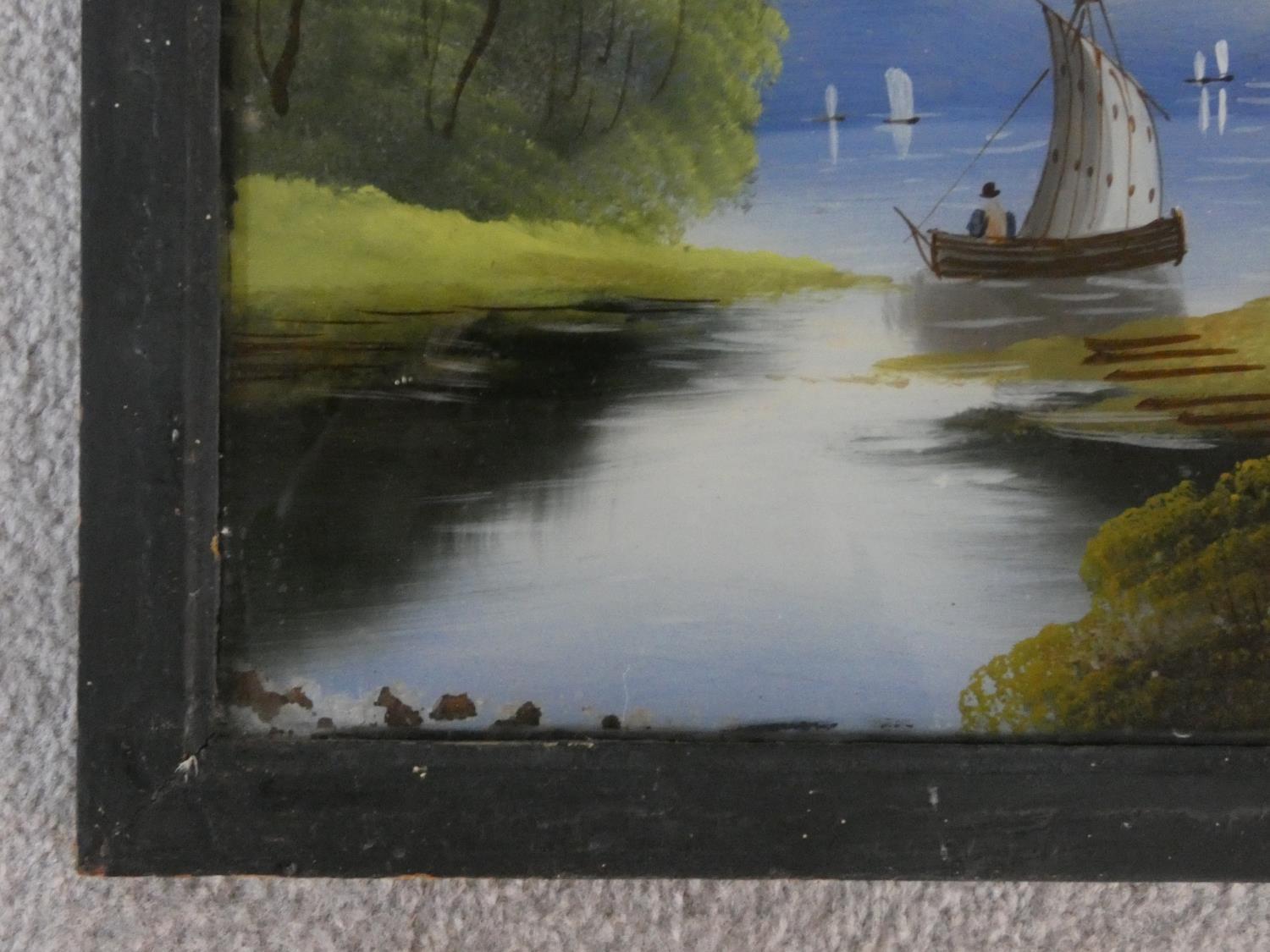 A pair of late 19th century reverse paintings on glass in ebonised frames, figures and boats in - Image 10 of 13
