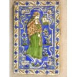 An antique Qajar Persian hand painted and polychrome glazed ceramic tile depicting a man in