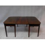 A late Georgian mahogany and satinwood strung D end dining table on square tapering supports and