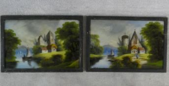 A pair of late 19th century reverse paintings on glass in ebonised frames, figures and boats in