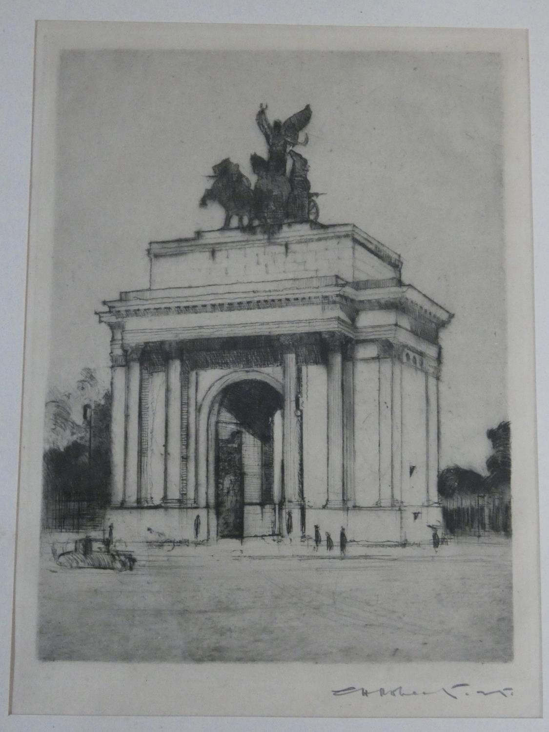 A framed and glazed etching of Wellington Arch, indistinctly signed, a 19th century coloured etching - Image 5 of 9