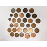 A collection of fourty five copper coins. Including twenty two one penny coins, Jersey 1/12 of a