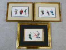 Three antique Chinese rice paper paintings of various people. One is of two characters acting out