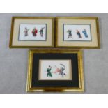 Three antique Chinese rice paper paintings of various people. One is of two characters acting out