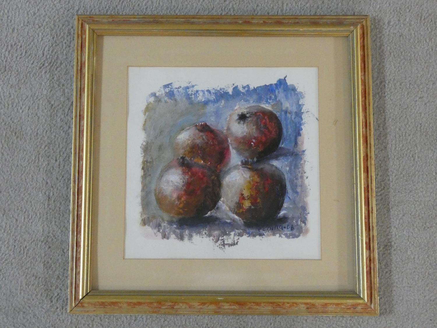 A framed and glazed acrylic still life study of pomegranates, indistinctly signed. H.69xW.49cm - Image 2 of 5