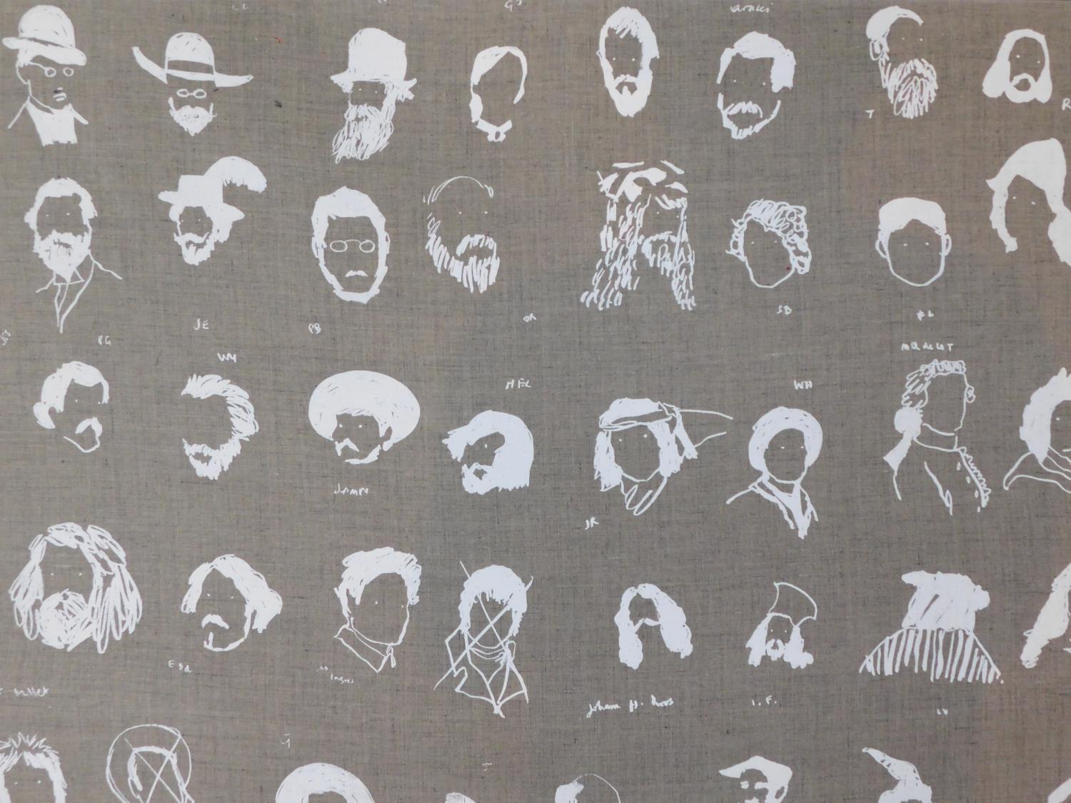 A lino print on linen canvas by Britsh artist Holly Frean. With multiple white outlines of famous - Image 3 of 5