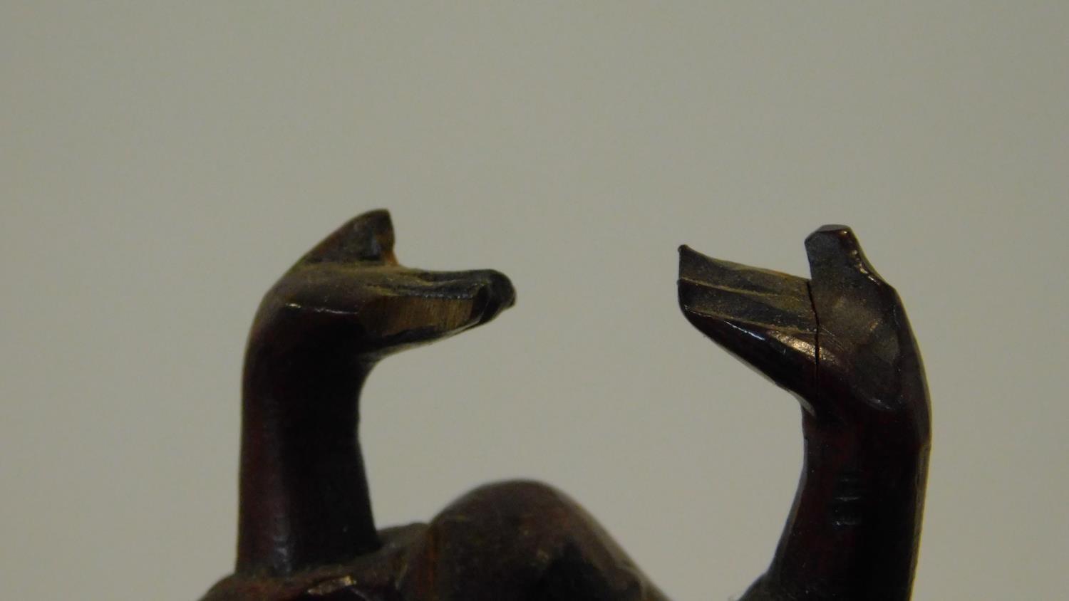 Three vintage carved Japanese hardwood happy Buddha's with raised arms, one with bone teeth along - Image 8 of 8